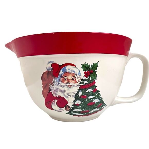 The Bake Shop Christmas Mixing Bowl Handle Spout Vintage Santa Tree Design - Picture 2 of 10